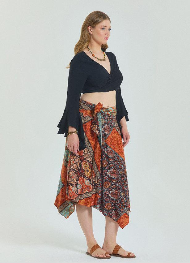 Brown Plus Size Skirt with Waist Tie and Gipe Detail 4593